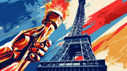 Deurstickers Eiffeltoren Paris olympics games France 2024 ceremony running sports Eiffel tower summer artwork painting commencement torch
