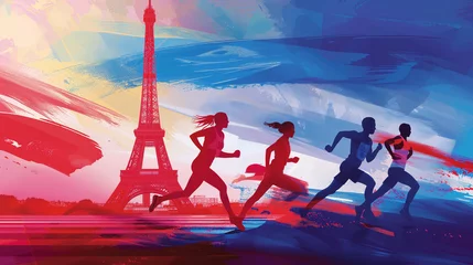 Deurstickers Paris olympics games France 2024 ceremony running sports Eiffel tower summer artwork painting commencement torch © The Stock Image Bank