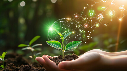 Sustainable Technology Concept with Plant and Digital Icons