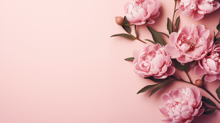 Bouquet of pink peonies on a pink background, space for tex - obrazy, fototapety, plakaty
