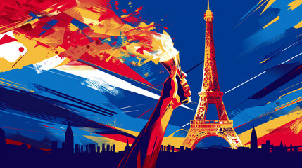Naklejka premium Paris olympics games France 2024 ceremony running sports Eiffel tower summer artwork painting commencement torch