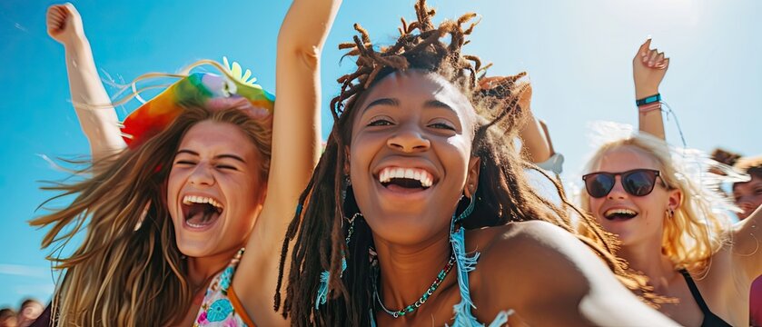  teenagers enjoying a summer music festival, dancing and laughing under a bright blue sky 
