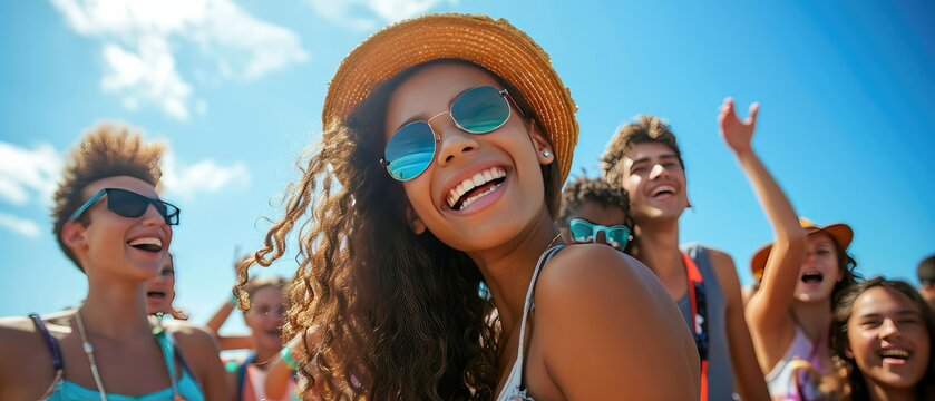 group of teenagers enjoying a summer music festival, dancing and laughing under a bright blue sky 