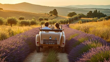  couple enjoying a romantic summer drive in a vintage car, passing through a scenic lavender field