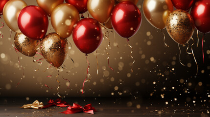 Fototapeta na wymiar Festive background with gold and red metallic balloons, confetti and ribbons
