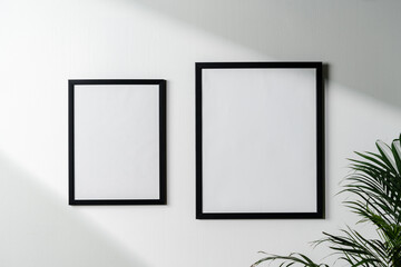 Black frames and houseplant against white wall copy space