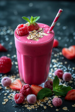 Beautiful appetizer pink raspberries fruit smoothie or milk shake in glass jar with berries background