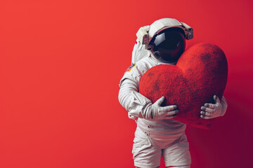 astronaut hugging in space and holding a big red heart for valentine's day