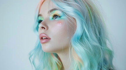 Fototapeta premium Portrait of a woman with creative makeup resembling a mermaid with colorful hair.