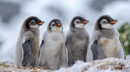 Four Emperor Penguin chicks, grouped together looking in different directions. Snow Hill Emperor Penguin Colony, Antarctica, 4K, Antarctic Babysitter in winter.