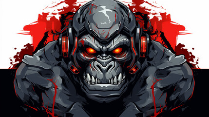 illustration of a gorilla robot with a cool design with red eyes without a background  - obrazy, fototapety, plakaty