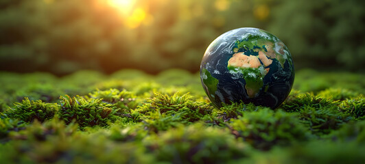 Earth globes On Soil In Forest with greenery and Sunlight, planet icon. big copy space. banner, advertising, earth day concept.	
 - obrazy, fototapety, plakaty