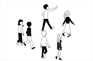 同じ方向へ歩いている人々の後ろ姿の線画イラスト