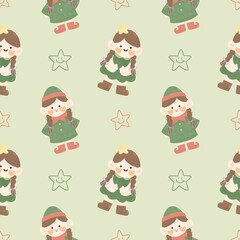 Cute kawaii cartoon  Christmas seamless pattern with little girl tree elf , doodle hand drawn watercolor  illustration.