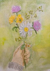The hand holds a bouquet of flowers. Watercolor illustration. Drawing. Selective focus.