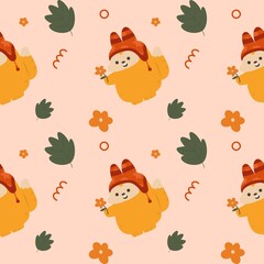 Fototapeta premium Cute red fox cartoon fall autumn forest flower watercolor seamless pattern for wallpaper fabric background