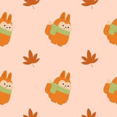 Fototapeta premium Cute red fox cartoon and maple fall autumn forest flower watercolor seamless pattern for wallpaper fabric background