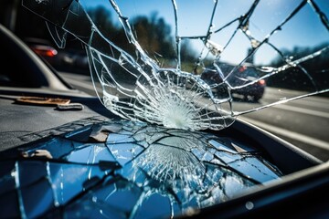 Close-up of shattered car windshield from inside the vehicle, with clear blue sky and blurred traffic in the background. - obrazy, fototapety, plakaty