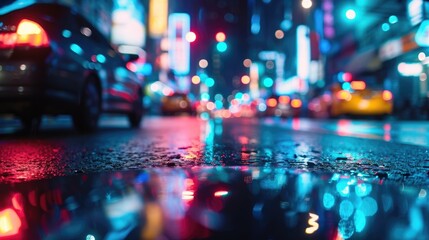 Blurring lights from cars and bikes weave in and out of the city streets illuminating a vibrant neon timelapse of urban chaos - obrazy, fototapety, plakaty