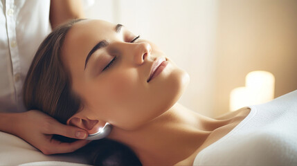 Obraz na płótnie Canvas The woman lies with her eyes closed and enjoys. Performs a relaxing and therapeutic suspended head massage. The spa client threw back her head and looked younger. Wellness treatments at the spa.