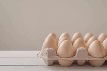 Easter eggs handcrafted with timber in a eco cardboard egg carton tray on a table with plain background, a simple earthy farmhouse minimalistic photo for marketing design for organic natural templates