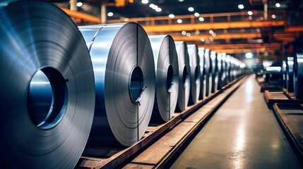 Galvanized steel rolls inside a factory or warehouse. Metallurgical production. Sheet metal for stamping. Selective focus. - obrazy, fototapety, plakaty