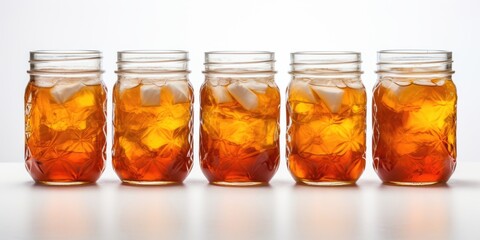In a transparent mason jar, the bold and aromatic essence of sugary iced tea is captured, promising a taste that transports you to a summer paradise.