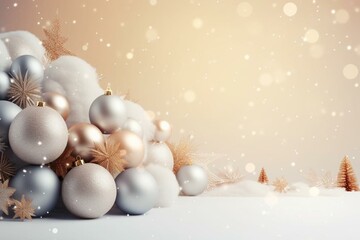Naklejka na ściany i meble Christmas decoration card banner with snowy baubles and space for text. Generative AI