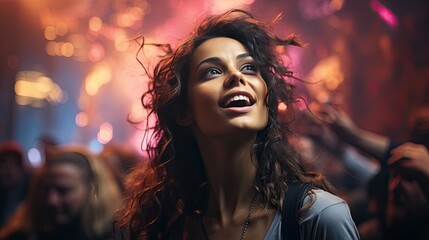 Naklejka premium Portrait of a beautiful smiling laughing woman with curly hair in a nightclub