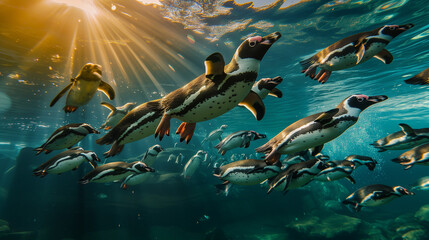 Diving penguin herd. Ocean underwater with marine animals. Sun rays passing through the water surface. Wroclaw, Poland. Zoo, Humboldt penguin is swimming in the pool, swimming marine life underwater  - obrazy, fototapety, plakaty