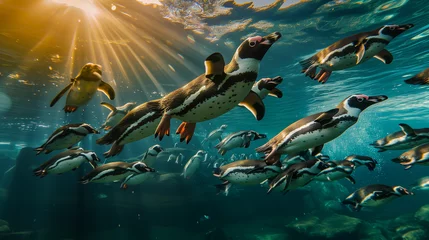 Foto op Canvas Diving penguin herd. Ocean underwater with marine animals. Sun rays passing through the water surface. Wroclaw, Poland. Zoo, Humboldt penguin is swimming in the pool, swimming marine life underwater  © Sweetrose official 