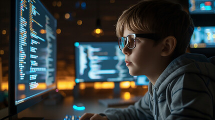 Focused developer kid coder in glasses working on computer looking at programming code data, investor or trader using data for trading stock market