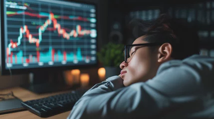 Fotobehang businessman or investor sleep with stock market background thinking about investment or trading, getting enough rest and not being too stressed results in better concentration © Slowlifetrader