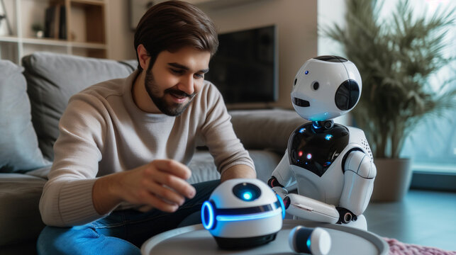 Man playing a game with a robot, humans and robots coexist normally and peacefully, changes that will occur in the future concept