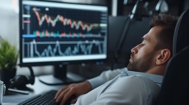 businessman or investor sleep with stock market background thinking about investment or trading, getting enough rest and not being too stressed results in better concentration