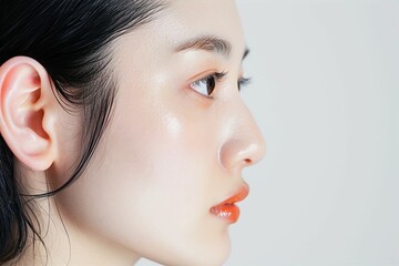日本人女性の耳のパーツのアップ写真（白背景・美肌・クローズアップ）