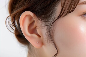 日本人女性の耳のパーツのアップ写真（白背景・美肌・クローズアップ） - obrazy, fototapety, plakaty