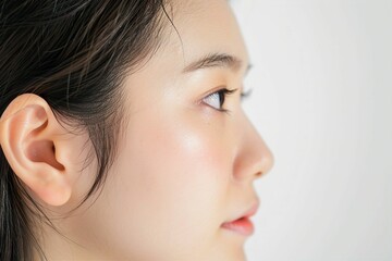 Fototapeta premium 日本人女性の耳のパーツのアップ写真（白背景・美肌・クローズアップ）