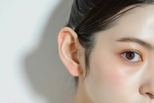 日本人女性の耳のパーツのアップ写真（白背景・美肌・クローズアップ）