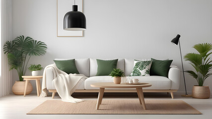 living room minimalist cozy Scandinavian style. sofa, tropical plant, pillows, - obrazy, fototapety, plakaty