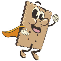 vector illustration of cute square biscuit character mascot being superhero with a cape, work of handmade