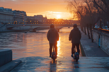 Two electric scooter riders along a riverside walkway at sunset background.  - obrazy, fototapety, plakaty