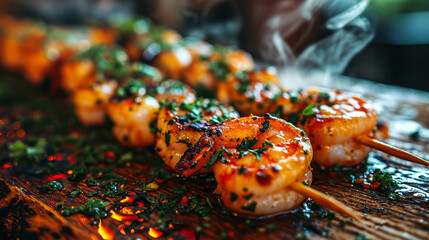 Skewers of grilled shrimp with sauce on a wooden table.