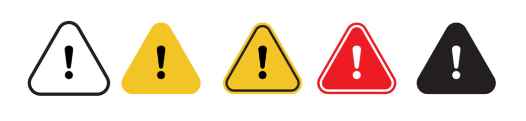 Danger risk warning yellow, red and black triangle sign set.accident  problem alert exclamation mark hazard safety roadsign. traffic attention pictogram collection. - obrazy, fototapety, plakaty