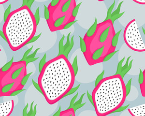 Bright tropical seamless pattern. Pink pitahayas on a light blue background. Dragon fruit.