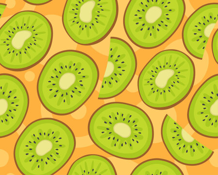 Bright tropical seamless pattern. Kiwi fruits on a light orange background.
