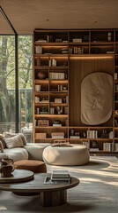 A living room with furniture and bookshelves
