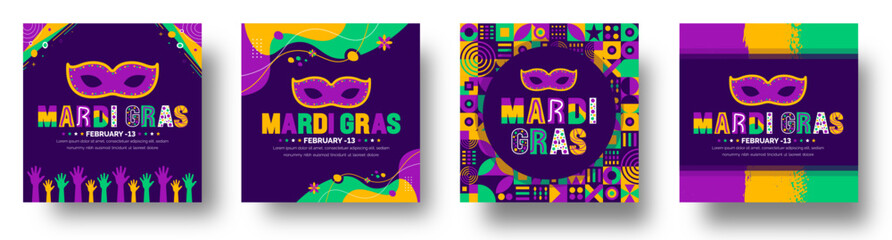 Mardi Gras Carnival in New Orleans social media post banner design template set with Carnival mask. Mardi Gras refers to events of the Carnival celebration background design template. - obrazy, fototapety, plakaty