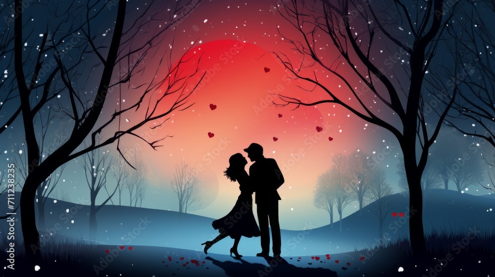 Wall mural silhouette of a couple in the night. valentine love woman and man winter png like style - Wall murals