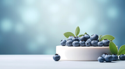 Rounded podium with fresh blueberry in the style of architectural light background. Vacant podium for product presentation with blueberry ingredients. Food, diary, and beverages advertisings.